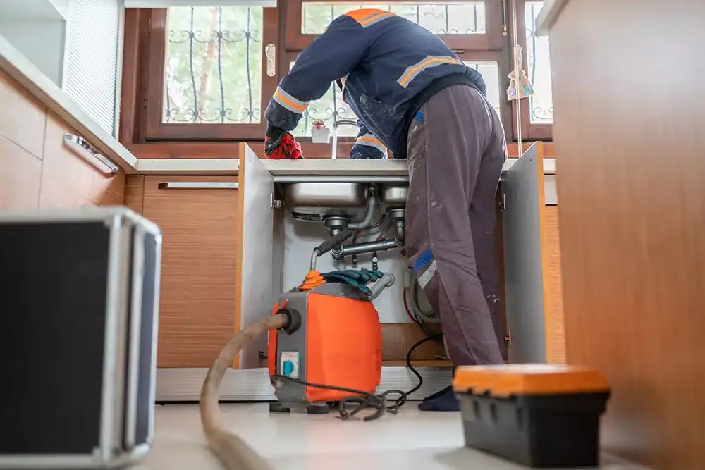 plumber clearing clogged drain