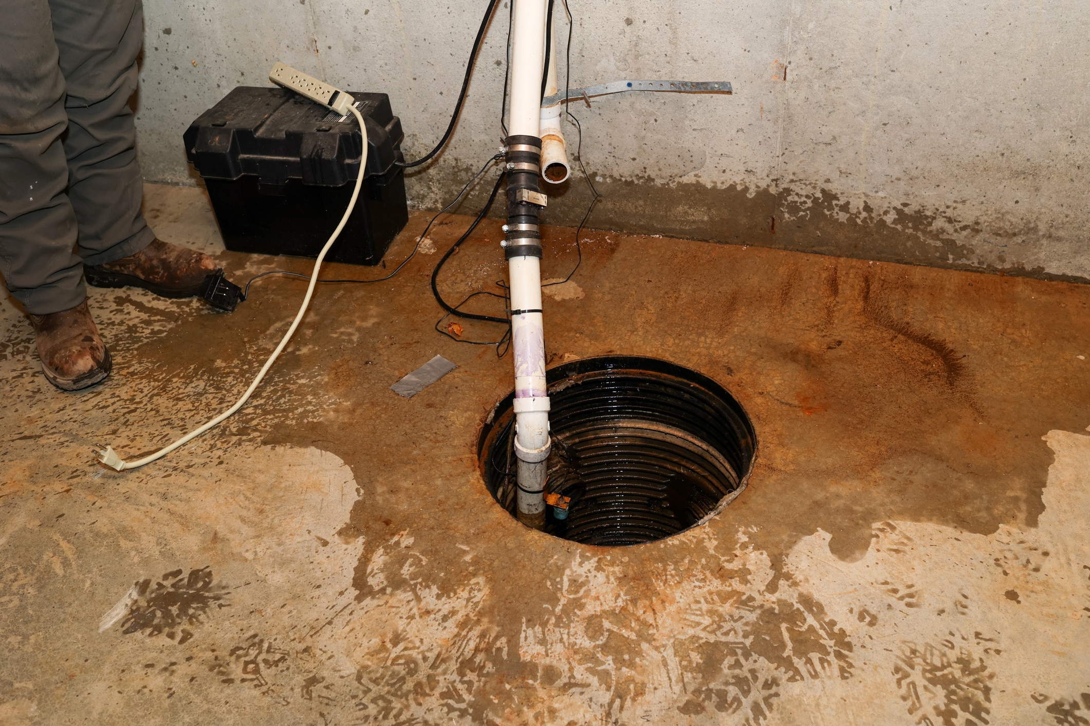 A plumber repairing a sump pump in a flooded basement in Greer